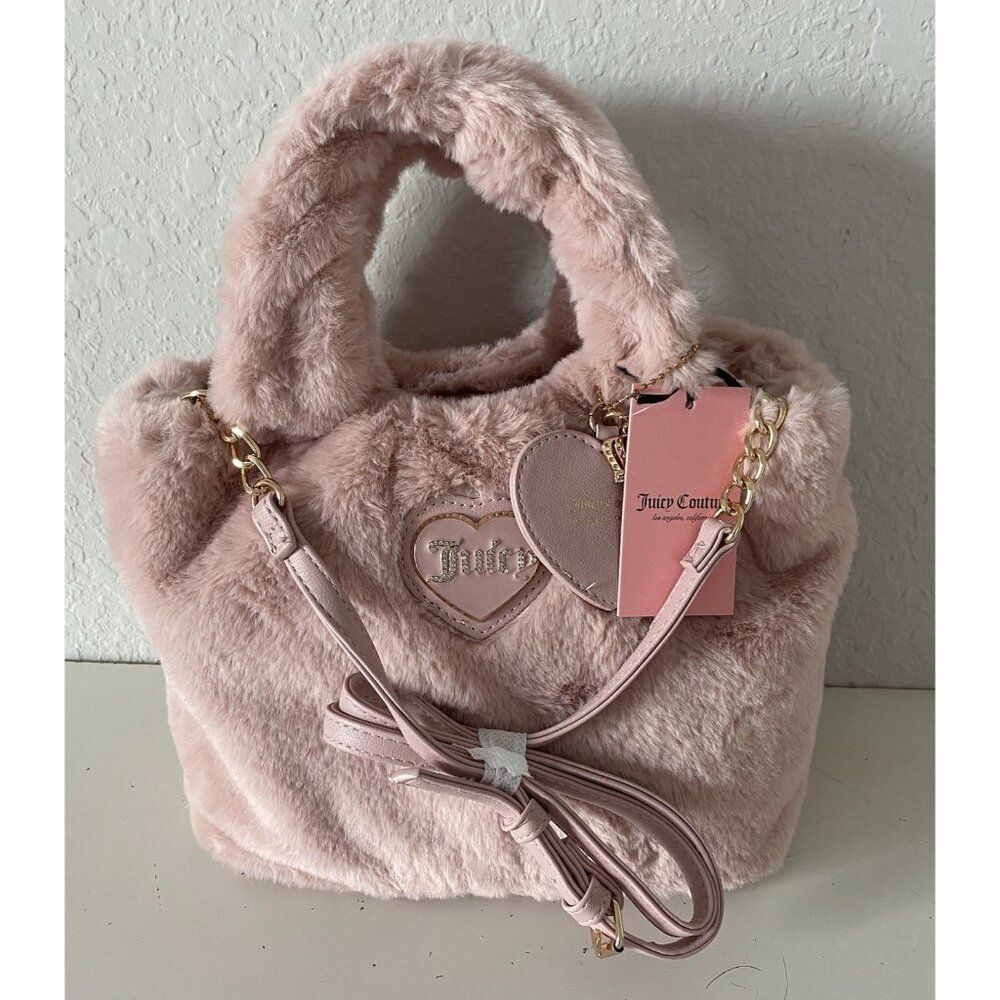 Juicy Couture Warm Up Mini Tote Bag W/Heart and Crown Charm Faux Fur Dusty Blush